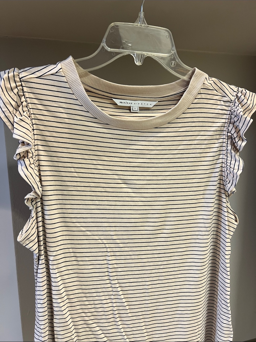 Cream and Black Striped Ruffle-Sleeve Tank